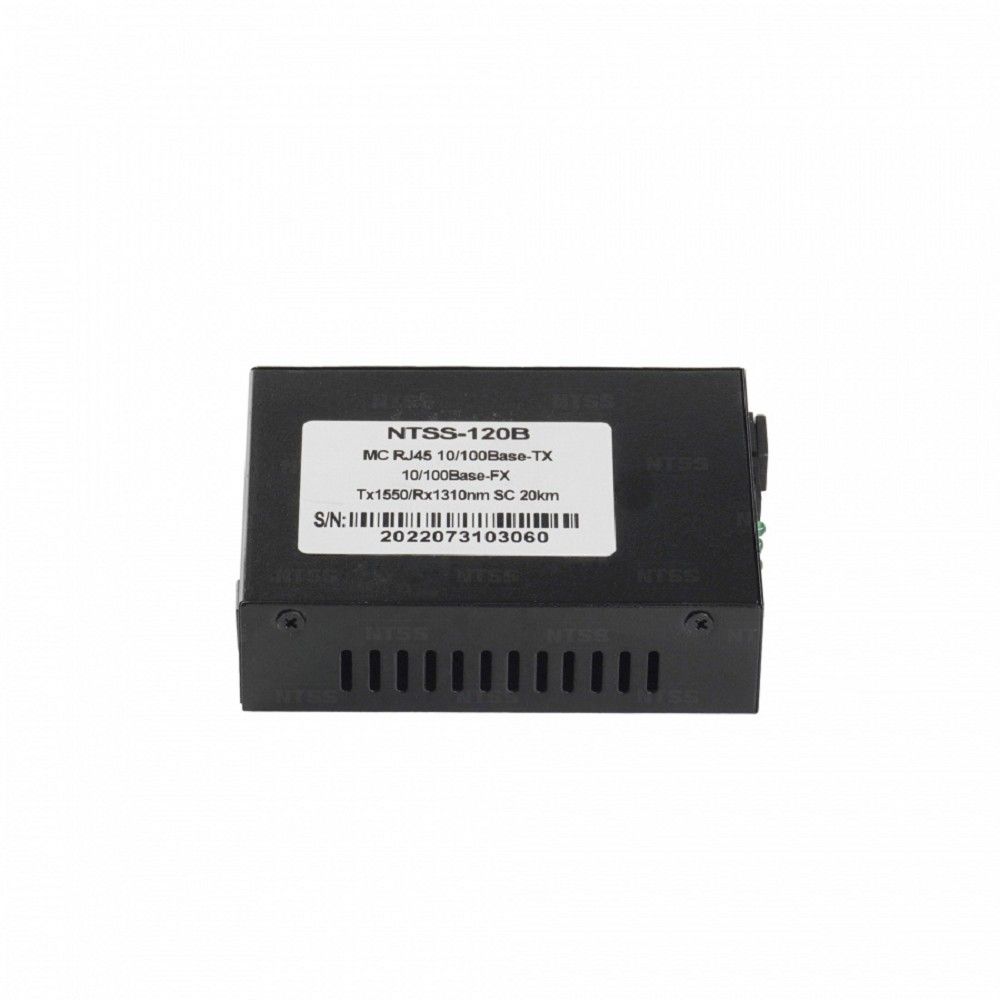 NTSS WDM медиаконвертер NTSS с RJ45 портом 10/100Base-T и 10/100Base-FX с разъемом SC, рабочая длина волны (передача/прием) 1550/1310 нм, SM, дальность до 20 км, DC 5В 2A NTSS-120B
