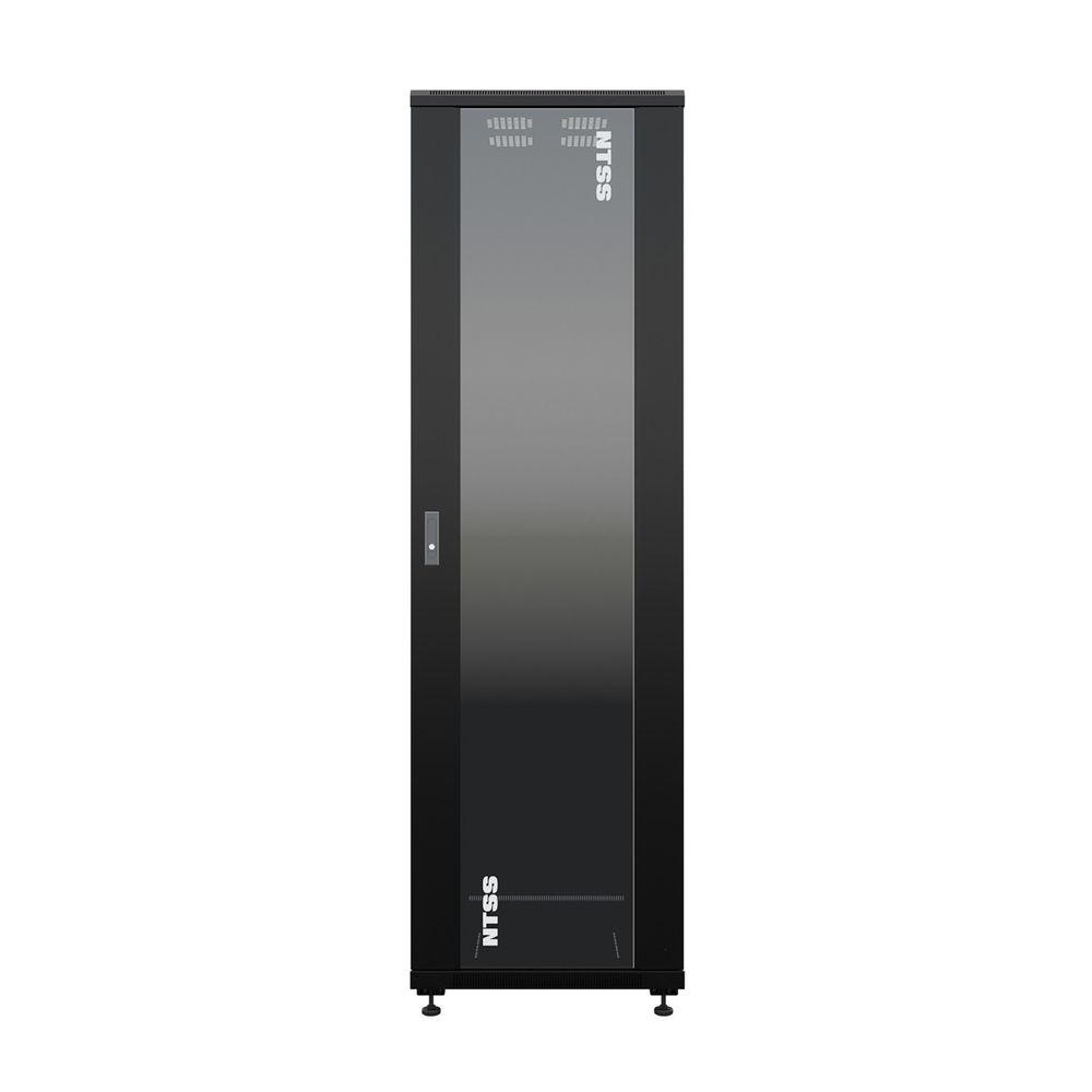 NTSS Шкаф напольный универсальный серверный NTSS R 32U 600х800мм, 4 профиля 19, двери стекло и сплошная металл, боковые стенки съемные, регулируемые опоры, разобранный, черный RAL 9005 NTSS-R32U6080GS