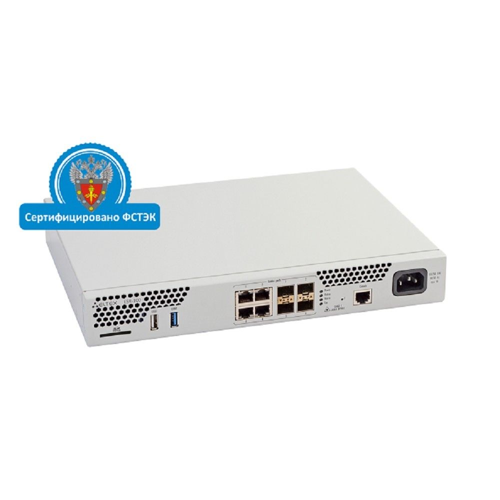 ELTEX ESR-100 FSTEC Межсетевой экран A4, 4xCombo 10/100/1000BASE-T/1000BASE-X SFP, 1xUSB 2.0, 1xUSB3.0, 1 слот для SD-карт, 4 ГБ RAM, 1 ГБ NAND-Flash, 220 В AC