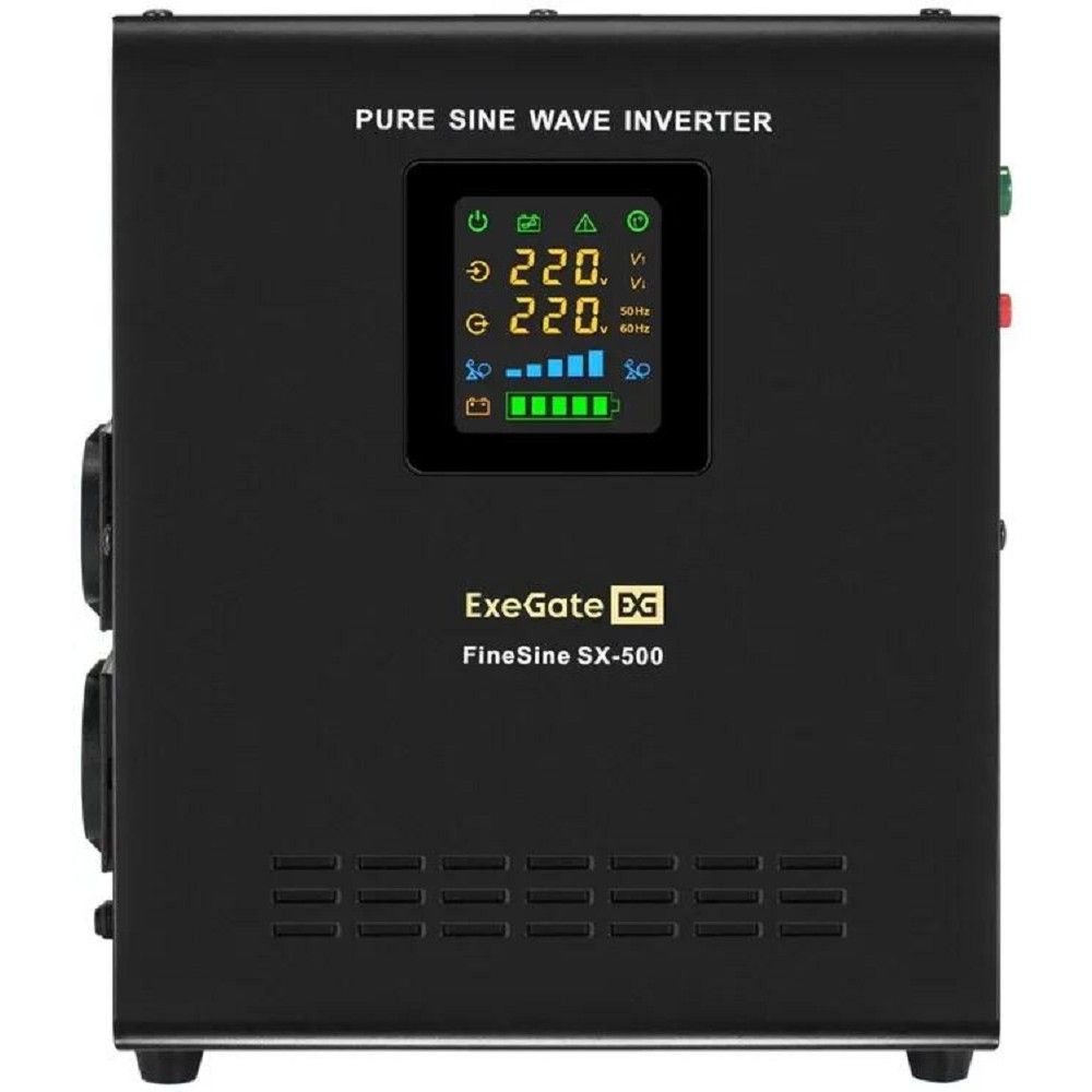 Exegate EX295995RUS ИБП (инвертор, синус, для котла) настенный ExeGate FineSine SX-500.LCD.AVR.2SH <500VA/300W, чистая синусоида, цветной LCD-дисплей, AVR, 2*Schuko, линейно-интерактивный, внешняя бат