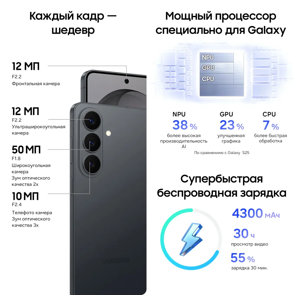 Смартфон Samsung SM-S942B Galaxy S26 256Gb 12Gb черный моноблок 3G 4G 2Sim 6.3" 1080x2340 Android 16 50Mpix 802.11 a/b/g/n/ac/ax/be NFC GPS GSM900/1800 GSM1900 Protect
