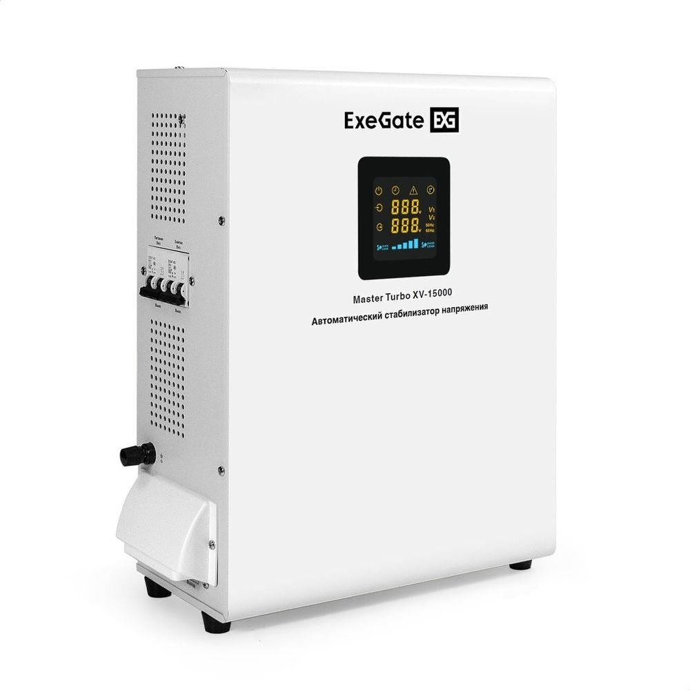 Exegate EX298254RUS Стабилизатор напряжения настенный ExeGate Master Turbo XV-15000 (15000ВА, вход 80-265В, цветной дисплей, выход 220В±8%, КПД 98%, 5 уровней защиты, задержка, усиленный метал.корпус,