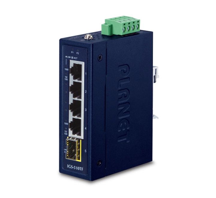 коммутатор/ PLANET IGS-510TF IP30 Compact size 4-Port 10/100/1000T + 1-Port 100/1000X SFP Gigabit Ethernet Switch (-40~75 degrees C, dual 9~48V DC/24V AC)
