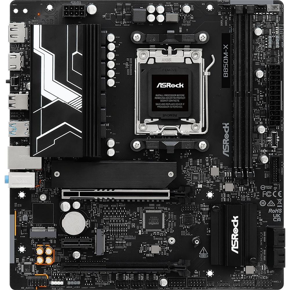 Материнская плата ASROCK B850M-X R2.0, AM5, B850, 2*DDR5, 4*SATA, 2*M.2, 2*USB 2.0, 3*USB 3.2, Type-C, 2*PCIx16, 1*M.2 (Key E), HDMI+DP, mATX
