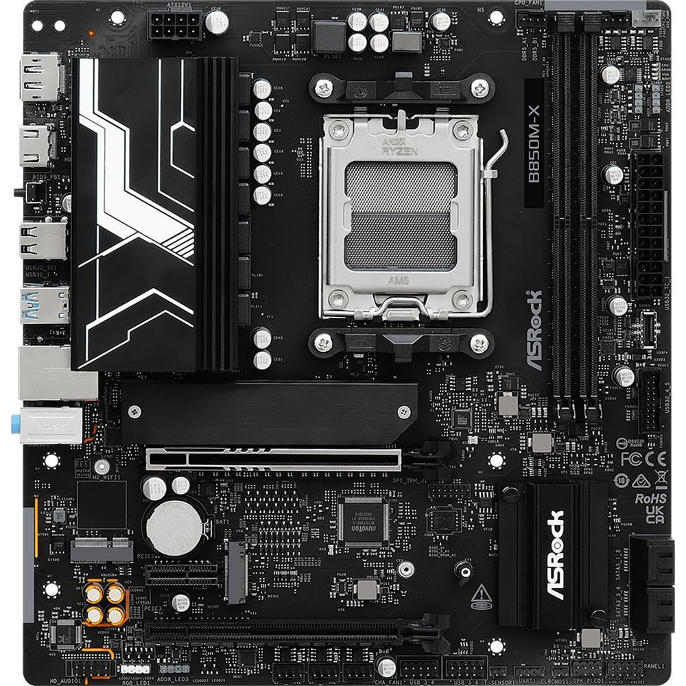 Материнская плата ASROCK B850M-X R2.0, AM5, B850, 2*DDR5, 4*SATA, 2*M.2, 2*USB 2.0, 3*USB 3.2, Type-C, 2*PCIx16, 1*M.2 (Key E), HDMI+DP, mATX