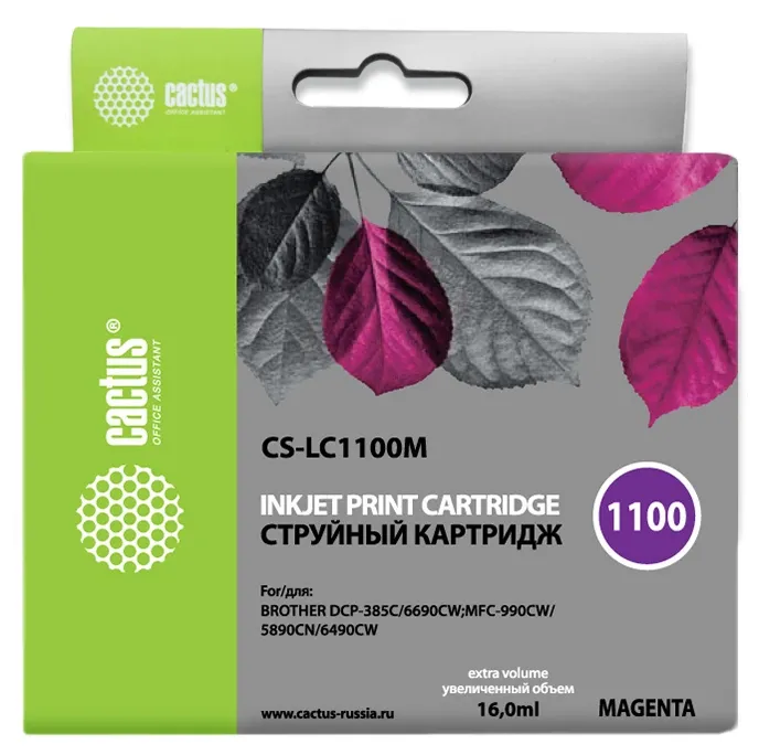 Картридж струйный Cactus CS-LC1100M пурпурный (16мл) для Brother DCP-385c/6690cw/MFC-990/5890/5895/6490 с чипом