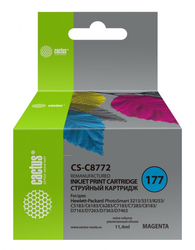 Картридж струйный Cactus CS-C8772 №177 пурпурный (11.4мл) для HP PS 3213/3313/8253/C5183/C6183/C6283/C7183/C7283/C8183/D7163/D7263/D7363/D7463 с чипом