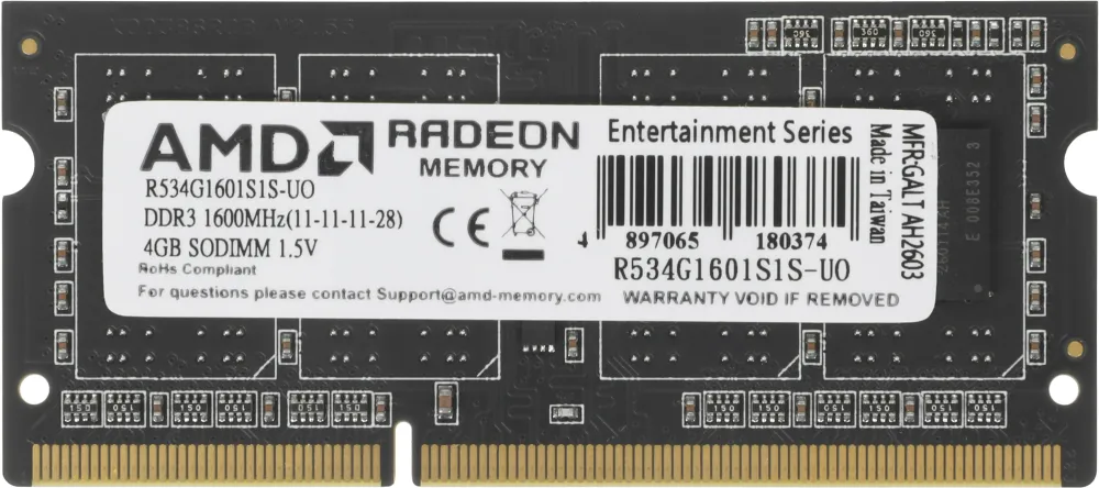 Модуль памяти AMD Radeon 4GB  DDR3 1600 SO DIMM R5 Entertainment Series Black R534G1601S1S-UO Non-ECC, CL11, R534G1601S1S-UO 1.5V, Bulk (180374)