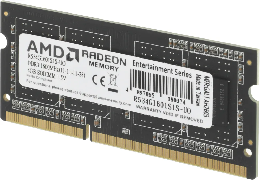 Модуль памяти AMD Radeon 4GB  DDR3 1600 SO DIMM R5 Entertainment Series Black R534G1601S1S-UO Non-ECC, CL11, R534G1601S1S-UO 1.5V, Bulk (180374)