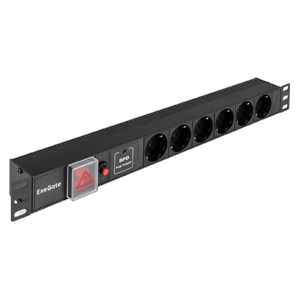 Exegate EX299606RUS Блок розеток с сетевым фильтром (Surge Protect), защитой от перегрузки, выключателем с подсветкой и разъемом подключения C14 ExeGate ServerPro PDU-19H605 Al-6S-C14-SW-O-SPD1 (19",