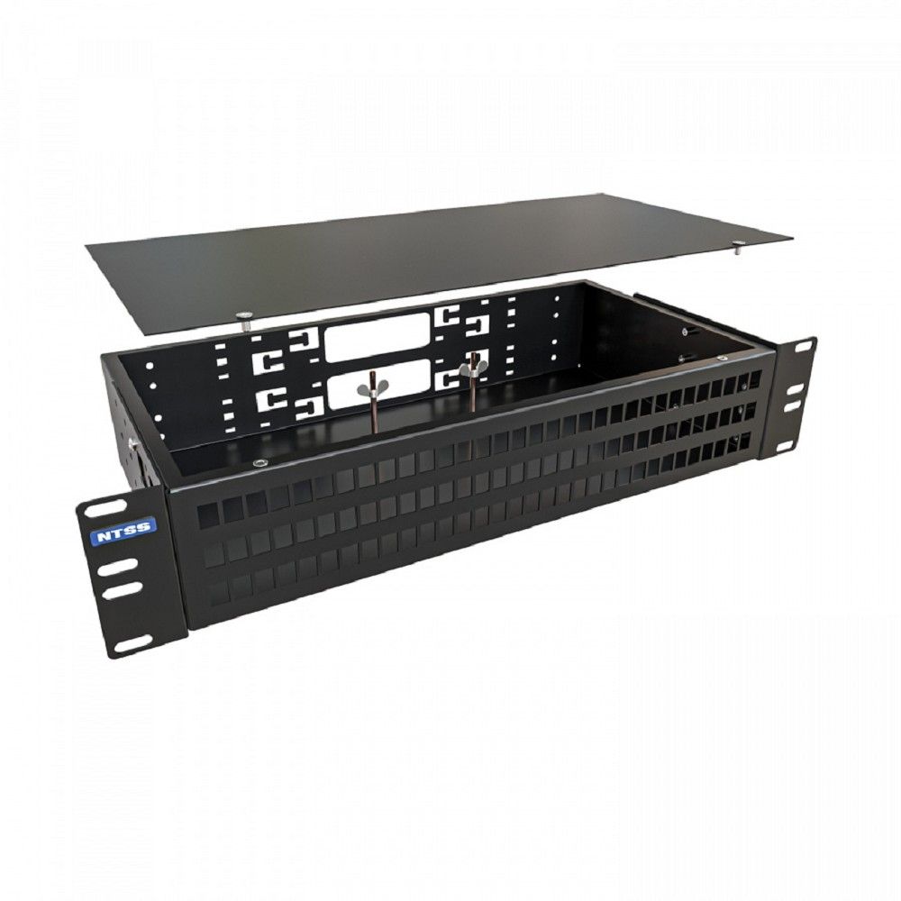 NTSS Кросс NTSS оптический 19'' укомплектованный 2U, 96 портов LC/UPC duplex, 9/125 мкм (сплошная панель, сплайс-кассета 6шт, пигтейлы, КДЗС, адаптеры) черный RAL 9005 NTSS-RFOB-2U-96-2LC/U-9-SP1.5G0A