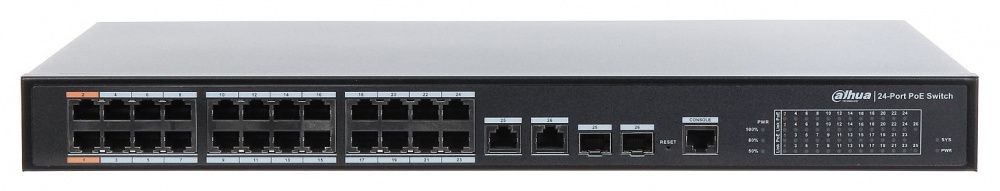 Коммутатор Dahua DH-PFS4226-24ET-360 (L2+) 24x100Мбит/с 2x1Гбит/с 2xКомбо(1000BASE-T/SFP) 22PoE+ 2PoE++ 360W управляемый