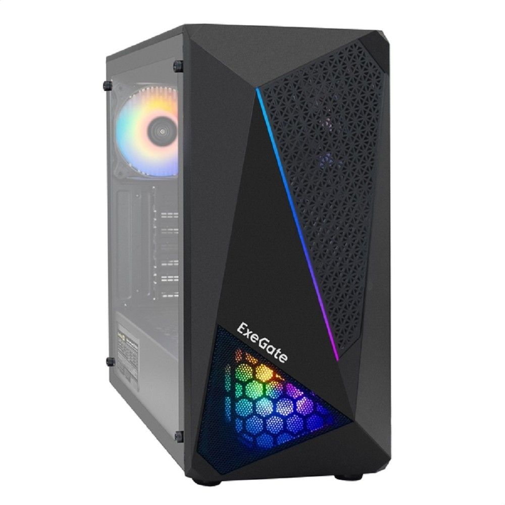 Exegate EX296073RUS Корпус Miditower ExeGate EVO-8225-EVO800 (ATX, БП EVO800RGB с вент. 12см, 2*USB+1*USB3.0, черный, 2 вент. с RGB подсветкой и полоса на передней панели, боковая панель - закаленное 