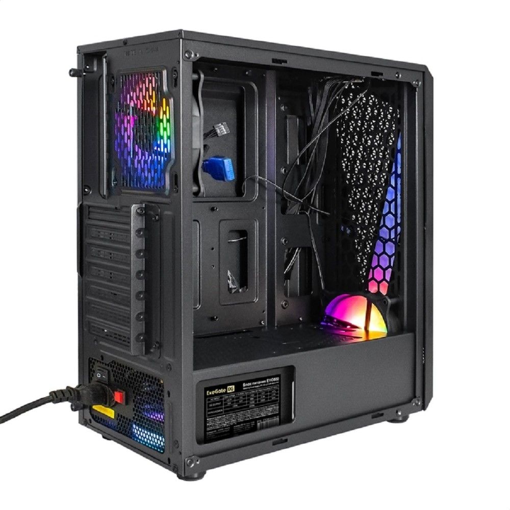 Exegate EX296073RUS Корпус Miditower ExeGate EVO-8225-EVO800 (ATX, БП EVO800RGB с вент. 12см, 2*USB+1*USB3.0, черный, 2 вент. с RGB подсветкой и полоса на передней панели, боковая панель - закаленное 