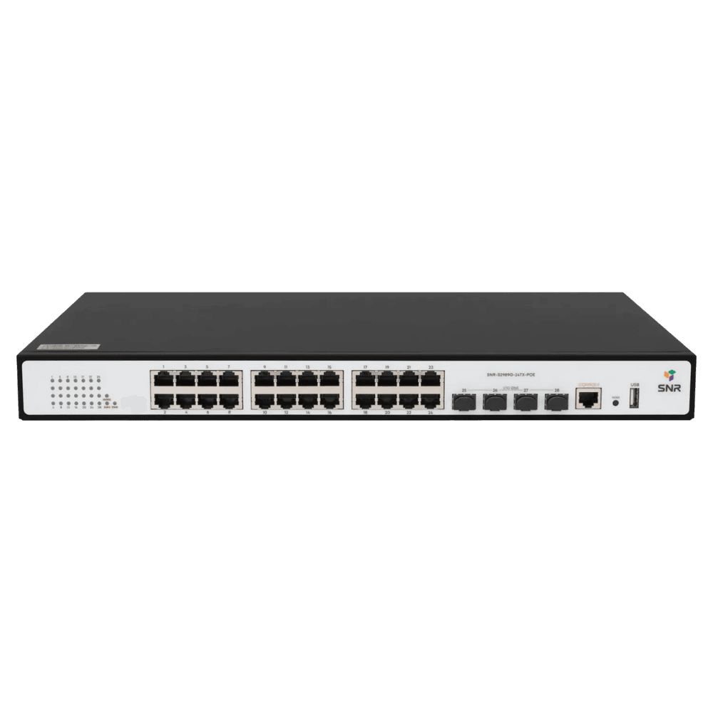 SNR SNR-S2989G-24TX-POE-2AC Управляемый PoE коммутатор уровня 2+, 24 порта 10/100/1000Base-T, 4 порта 1/10G SFP+, бюджет PoE 370 Вт, VFS HA, два встроенных БП ~220V AC