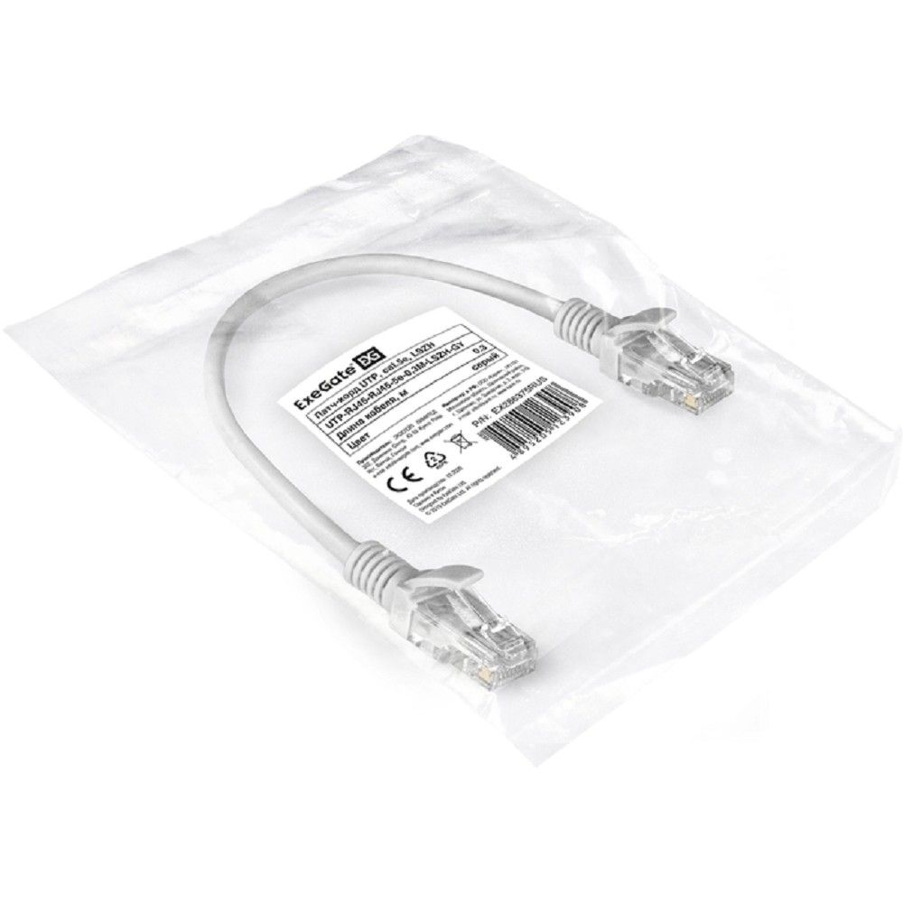 Exegate EX286375RUS Патч-корд LSZH UTP-RJ45-RJ45-5e-0,3M-LSZH-GY, UTP, cat.5e, 0.3м, серый