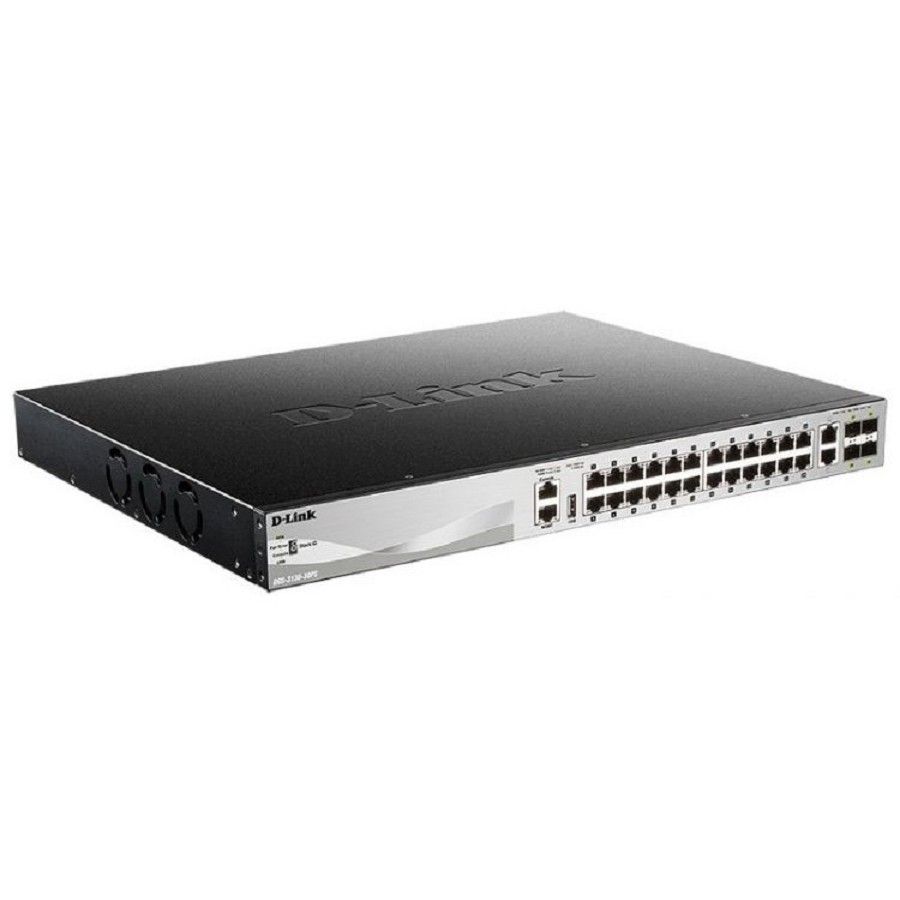 D-Link DGS-3130-30PS/B1A PROJ Управляемый L3 стекируемый коммутатор с 24 портами 10/100/1000Base-T, 2 портами 10GBase-T и 4 портами 10GBase-X SFP+ (24 порта PoE 802.3af/at, PoE-бюджет 370 Вт)