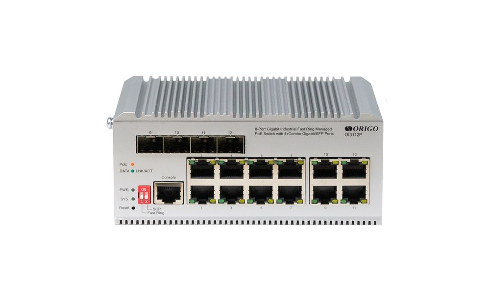 Коммутатор ORIGO OI3112P/185W/A1A 12-портовый гигабитный промышленный управляемый
L2-коммутатор с 8 портами PoE+ и 4 комбо-портами