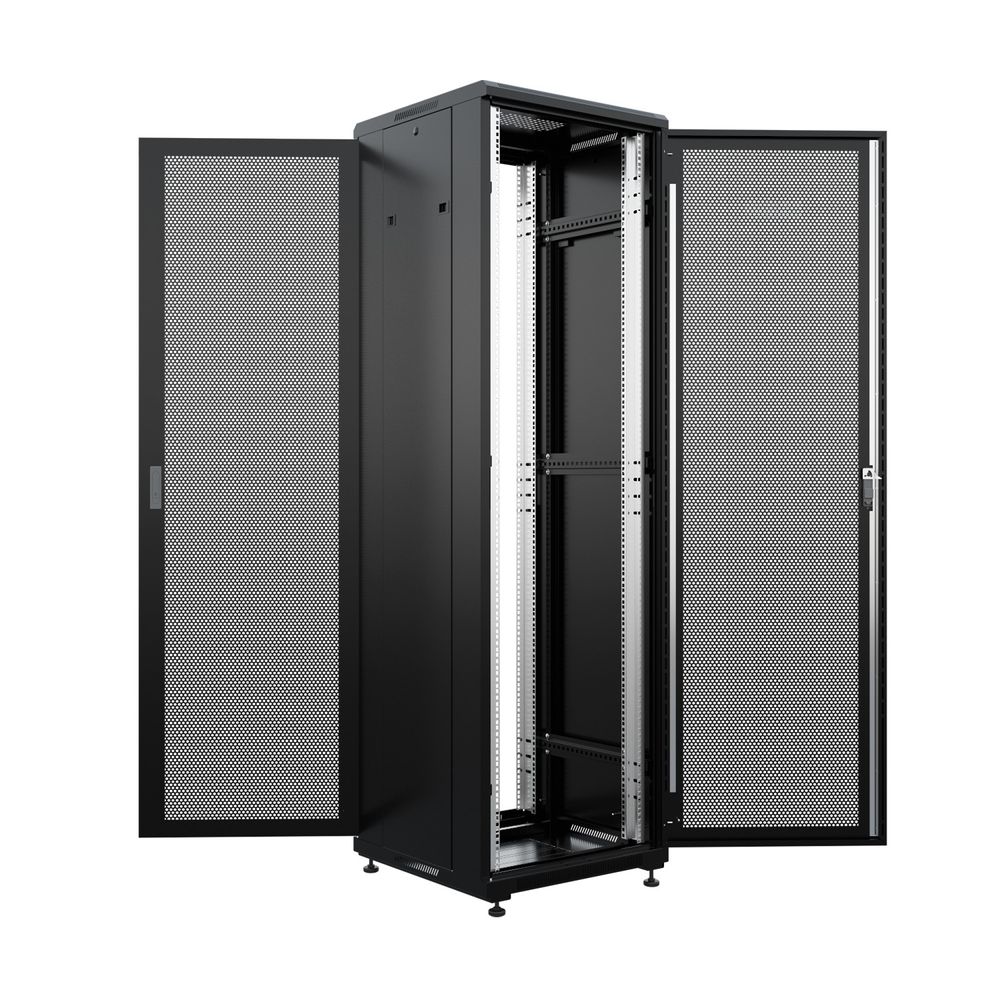 NTSS Шкаф напольный универсальный серверный NTSS R 22U 600х600мм, 4 профиля 19, двери перфорированная и перфорированная, боковые стенки съемные, регулируемые опоры, разобранный, черный RAL 9005 NTSS-R
