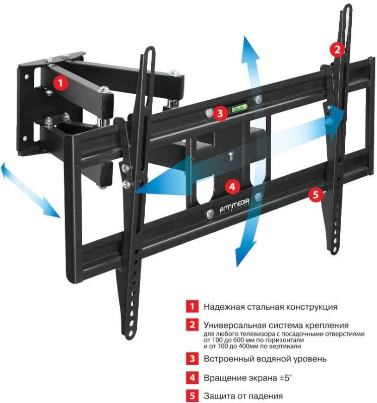Кронштейн для телевизора Arm Media PT-16 черный 22"-65" макс.40кг настенный поворотно-выдвижной и наклонный