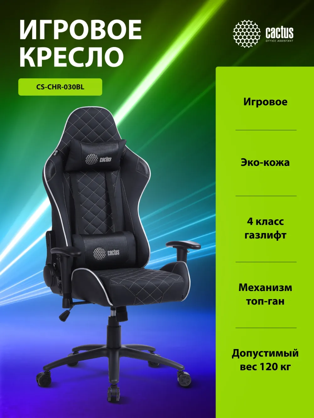 Кресло игровое Cactus CS-CHR-030BLS черный/серебристый эко.кожа с подголов. крестов. сталь