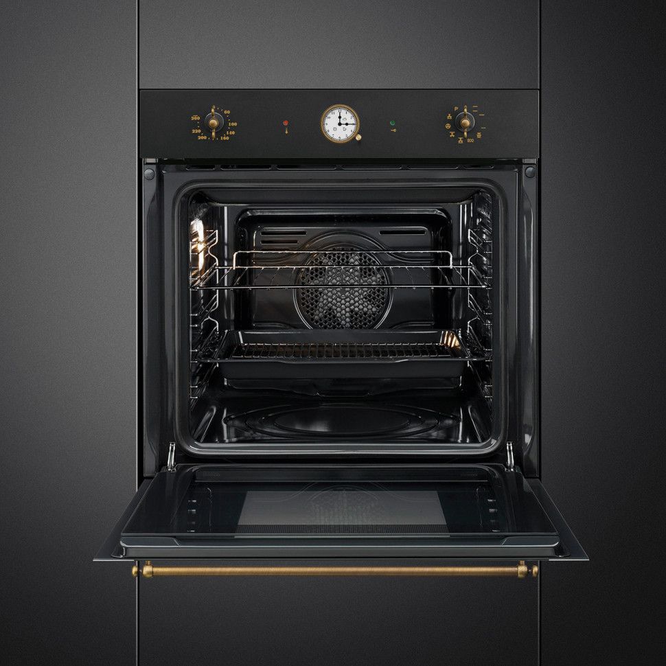 Встраиваемый духовой шкаф SMEG/ Встраиваемый духовой шкаф SMEG, 60 см, Coloniale, 50-260 градусов, часы/таймер, галогенная подсветка, 9 режимов, поворотные переключатели Coloniale, пиролиз, автоматическое отключение, петли Soft Close, полезный объем 65 л,
