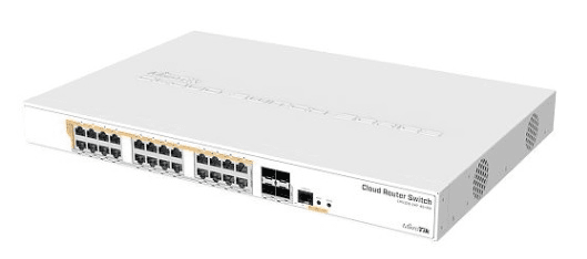 Коммутатор MikroTik Cloud Router Switch 328-24P-4S+RM with 800 MHz CPU, 512MB RAM, 24xGigabit LAN (all PoE-out), 4xSFP+ cages, RouterOS L5 or SwitchO (загнута скоба, небольшая вмятина рядом с разъюмом питания.)