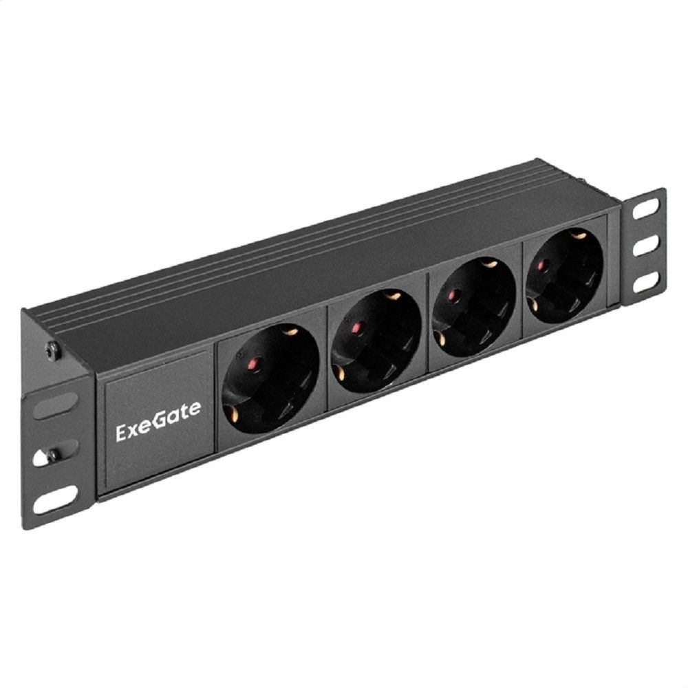 Exegate EX298596RUS Блок розеток 10" с разъемом C14 ExeGate ServerPro PDU-10H401 Al-4S-C14 (10", 1U, Алюминий, 4 Schuko, C14, (ШхВхГ): 274х45х45 мм, черный, RTL)