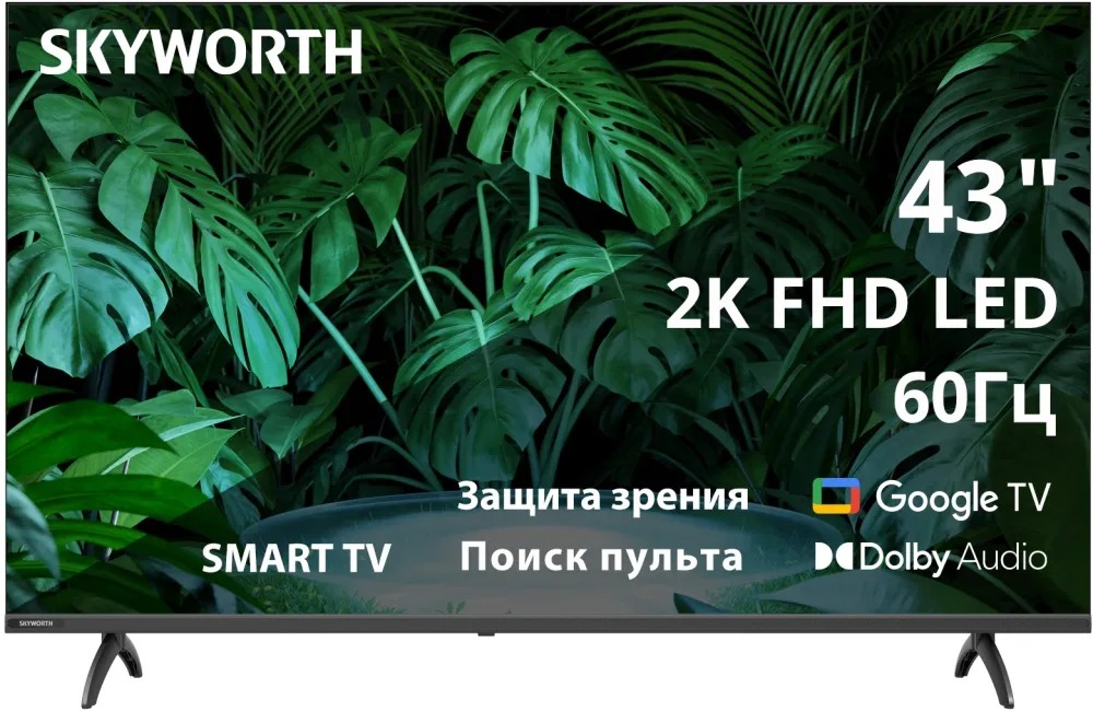 Телевизор LED Skyworth 43" 43E55G Google TV Frameless черный FULL HD 60Hz DVB-T DVB-T2 DVB-C DVB-S DVB-S2 USB WiFi Smart TV