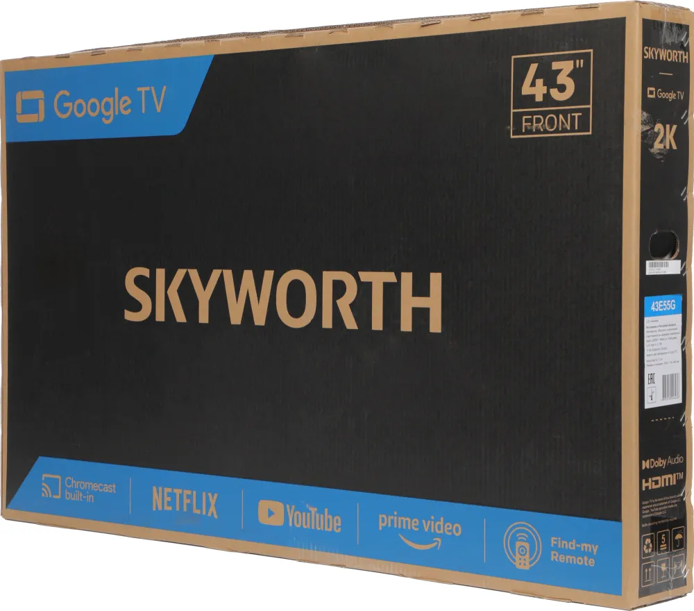 Телевизор LED Skyworth 43" 43E55G Google TV Frameless черный FULL HD 60Hz DVB-T DVB-T2 DVB-C DVB-S DVB-S2 USB WiFi Smart TV