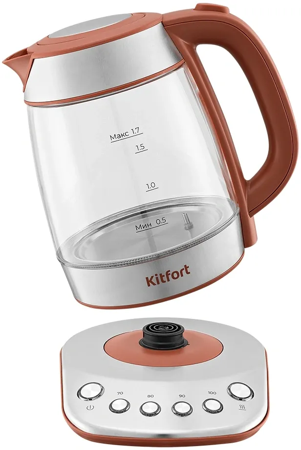 Чайник электрический Kitfort КТ-6787 1.7л. 2200Вт коралловый/нержавеющая сталь корпус: Металл/стекло/пластик