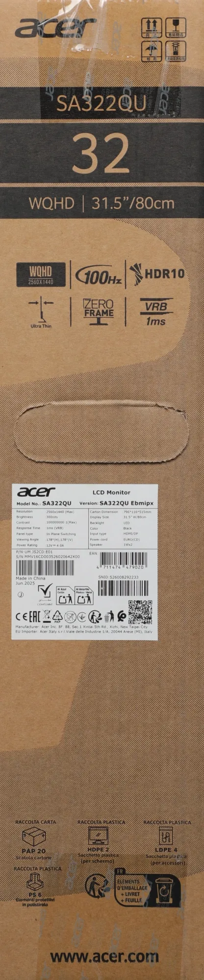Монитор Acer 31.5" SA322QUEbmipx черный IPS LED 1ms 16:9 HDMI M/M 300cd 178гр/178гр 2560x1440 100Hz FreeSync DP WQ