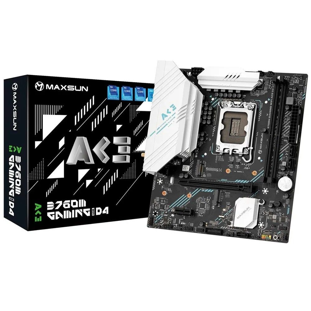 MAXSUN MS-B760M Gaming WIFI ACE (Socket 1700, mATX, 2*DDR5, VGA/HDMI, 3*SATA3, 2*M.2, 1xPCI-E x16 /1xPCI-E x4, 2*USB 2.0, 4*USB 3.2 GEN1, LAN 1*1G, Bluetooth, Wi-Fi 802.11ax, RTL)