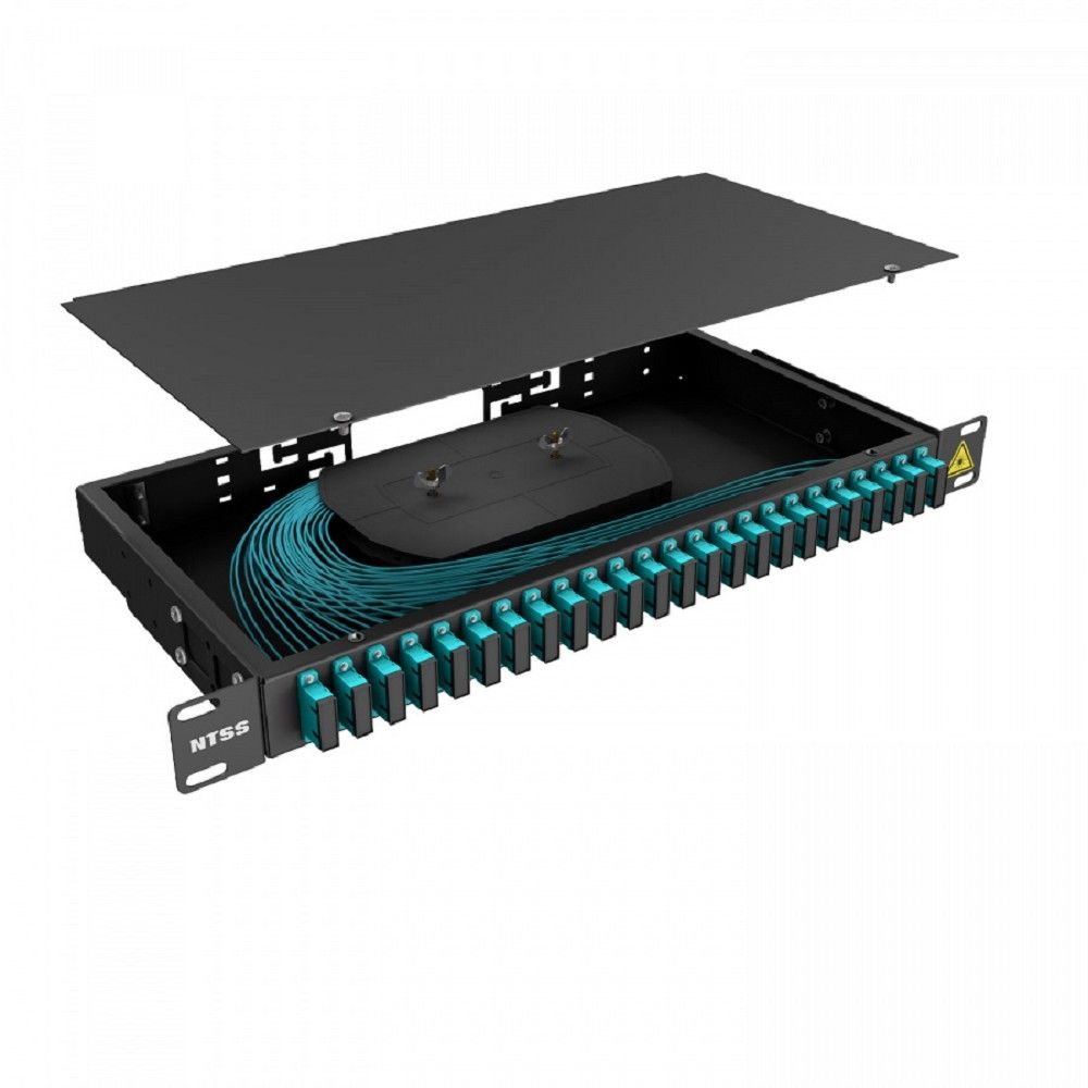 NTSS Кросс 19" NTSS PREMIUM, предсобранный 1U, 24 порта SC/UPC duplex, 50/125 мкм ОМ3, (сплошная панель, розетки, сплайс, КДЗС, пигтейлы), черный, RAL9005 NTSS-RFOB-PM-1U-24-2SC/U-503-SP1.5G0A-BL
