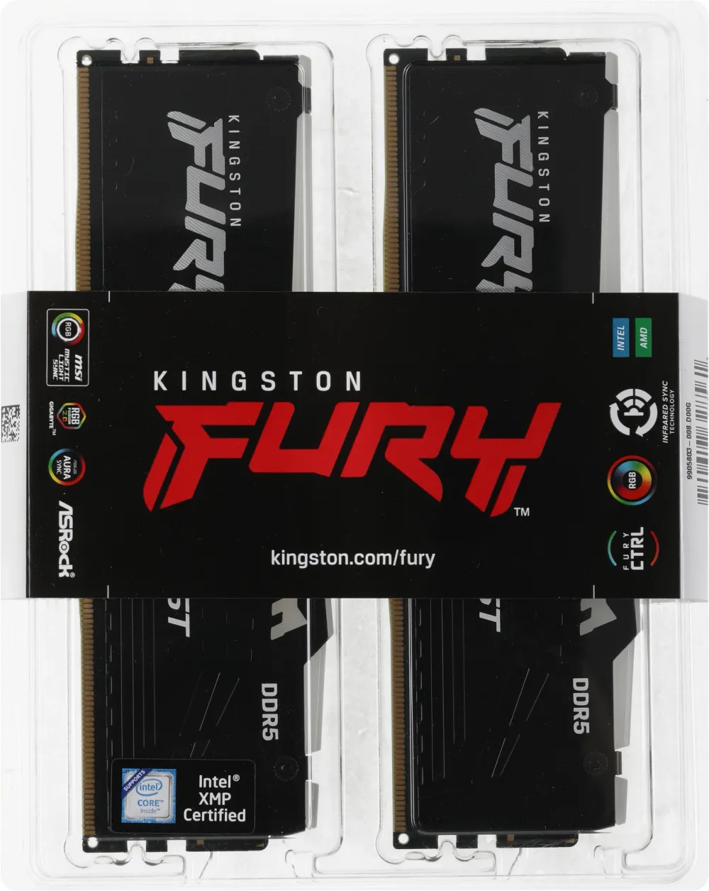 Модуль памяти Kingston 32GB DDR5 5200 DIMM FURY Beast RGB Gaming Memory KF552C40BBAK2-32 Non-ECC, CL40, 1.25V, 1RX8 (Kit of 2), RTL (328561)