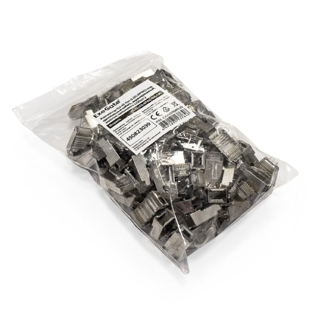 Exegate EX293764RUS Коннектор ExeGate PL45-C5-8P8C-SH-100 RJ-45 Кат.5e (8P8C) под одножильный кабель, экранированный, золотое напыление (100 шт)