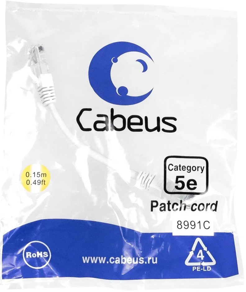 Патч-корд Cabeus PC-UTP-RJ45-Cat.5e-0.15m-WH-LSZH U/UTP RJ-45 вил.-вилка RJ-45 кат.5E 0.15м белый LSZH