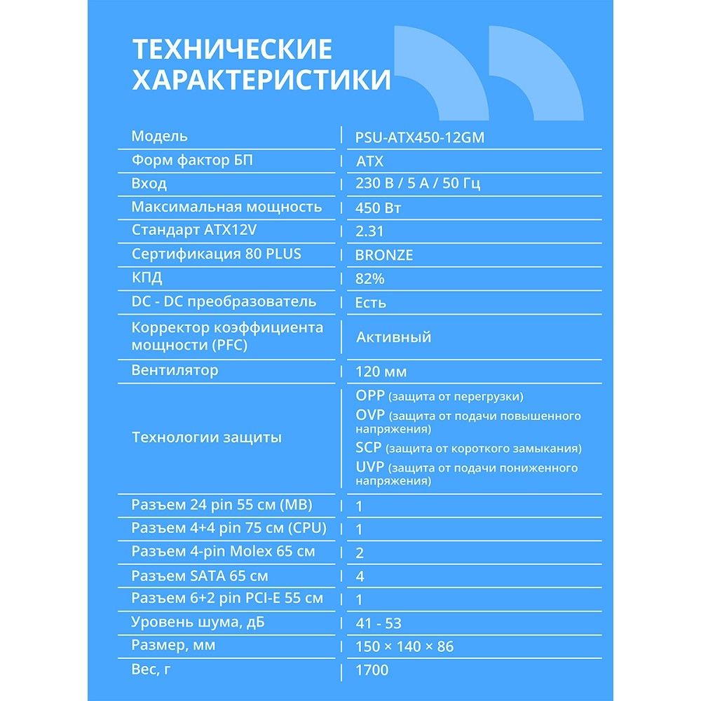 Блок питания CBR ATX 450W 80+ Bronze, DC-DC, APFC, 0.6mm, 20+4pin, 1*8-pin(4+4P), 1*6+2pin, 4*SATA, 2*IDE, 12cm fan, 1.5м кабель питания, черный [PSU-ATX450-12GM] BOX