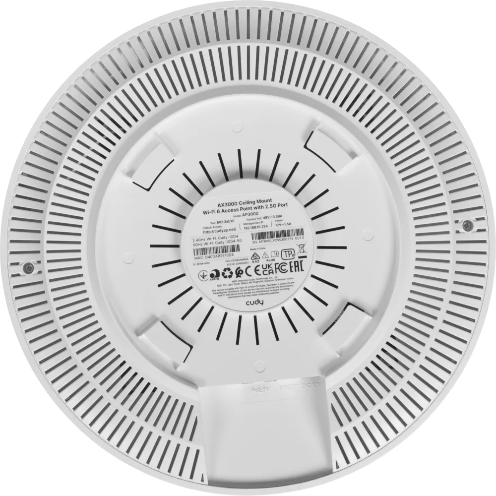 Точка доступа Wi-Fi CUDY AX3000 Wi-Fi 6 2 5G Access Point AX3000 Dual Band Ceiling Mount Wi-Fi 6 Access Point, Chipset MT7981, 802.11ax/ac/a/b/g/n, 2402Mbps at 5GHz + 574Mbps at 2.4GHz, 1 x 2.5G RJ45 Port, MU-MIMO, Support 12V DC or  802.3at PoE or Passiv