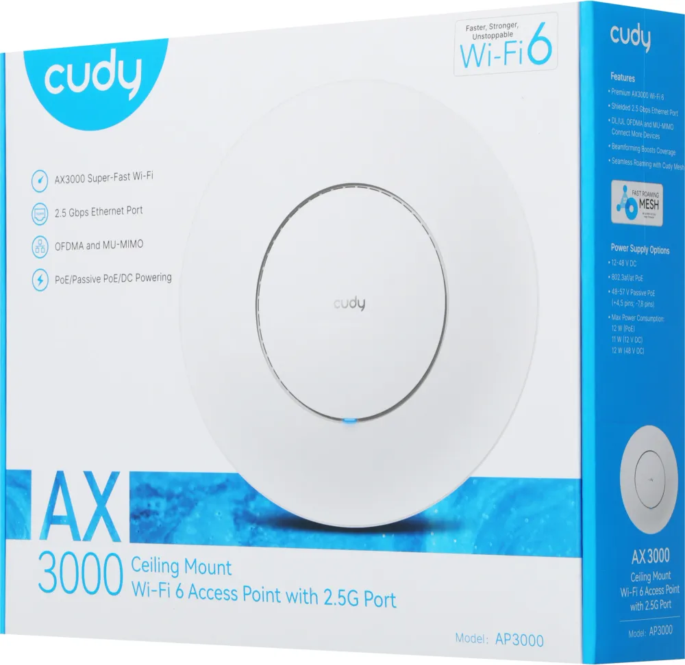 Точка доступа Wi-Fi CUDY AX3000 Wi-Fi 6 2 5G Access Point AX3000 Dual Band Ceiling Mount Wi-Fi 6 Access Point, Chipset MT7981, 802.11ax/ac/a/b/g/n, 2402Mbps at 5GHz + 574Mbps at 2.4GHz, 1 x 2.5G RJ45 Port, MU-MIMO, Support 12V DC or  802.3at PoE or Passiv