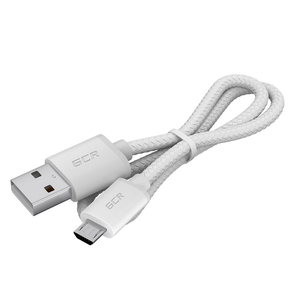 GCR PRO Кабель 1.0m MicroUSB, быстрая зарядка, медь, белый, в оплетке нейлон