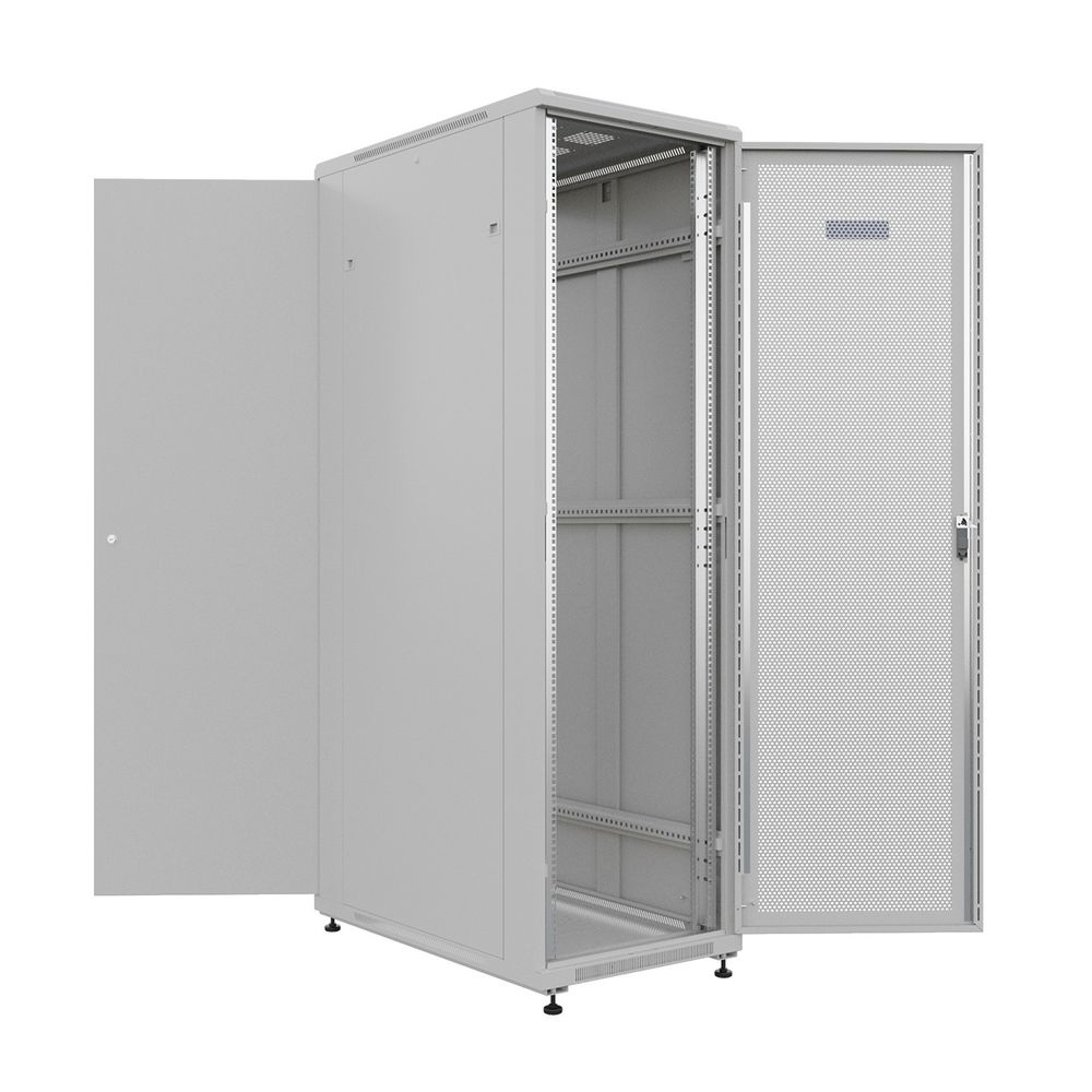 NTSS Шкаф напольный универсальный серверный NTSS R 22U 600х1000мм, 4 профиля 19, двери перфорированная и сплошная металл, боковые стенки съемные, регулируемые опоры, разобранный, серый RAL 7035 NTSS-R