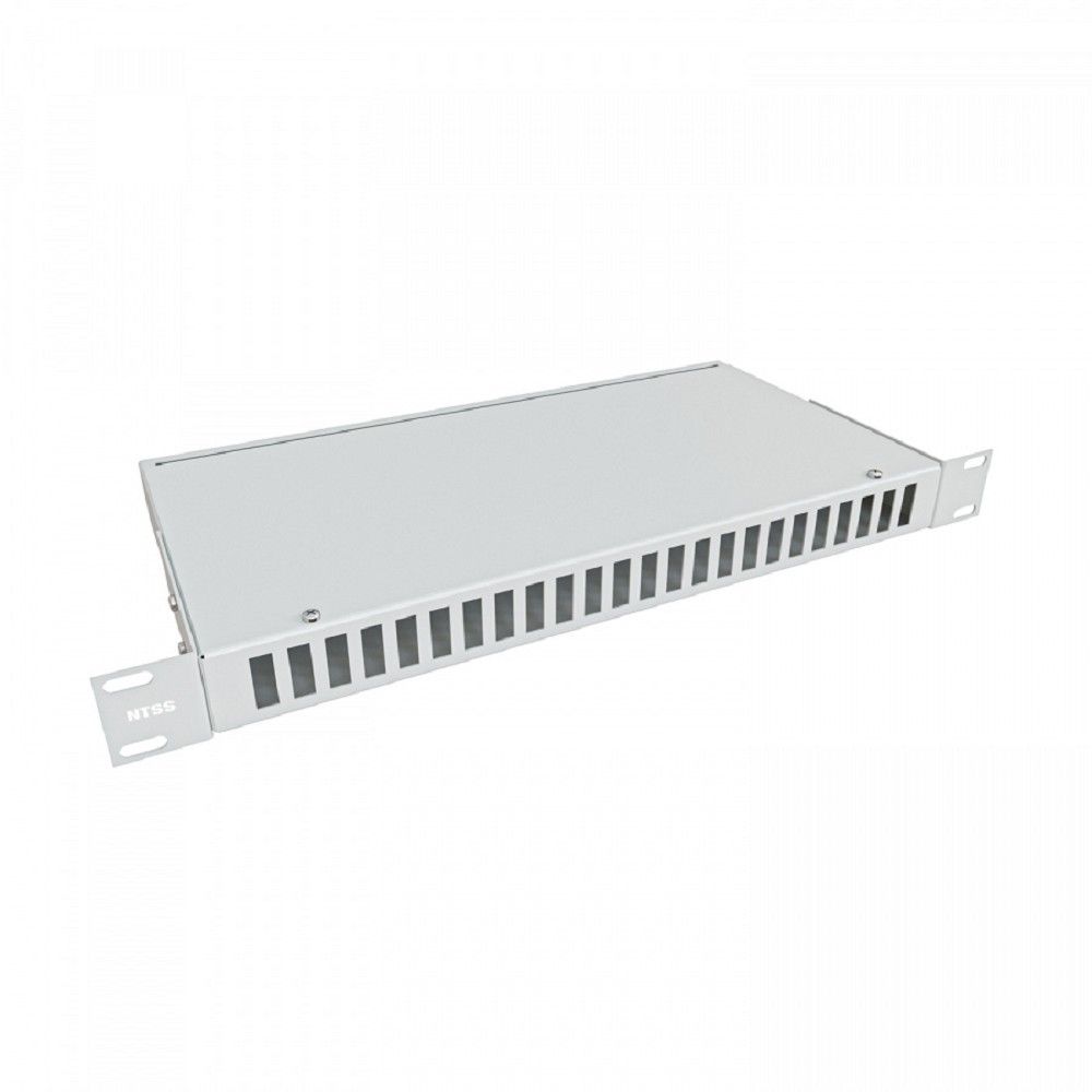 NTSS Кросс NTSS оптический 19'' укомплектованный 1U, 24 порта SC/UPC duplex, 50/125 мкм ОМ3 (сплошная панель, сплайс-кассета 2шт, пигтейлы, КДЗС, адаптеры) серый RAL 7035 NTSS-RFOB-1U-24-2SC/U-503-SP1