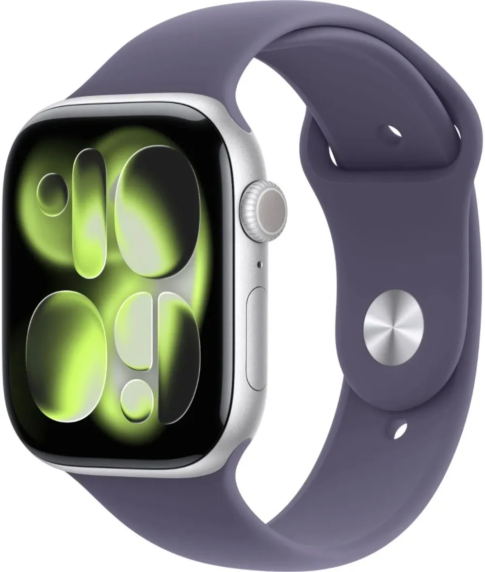 Смарт-часы Apple Watch Series 11 A3333 46мм OLED корп.серебристый Sport Band рем.фиолетовый разм.брасл.:M/L (MEVA4AM/A)