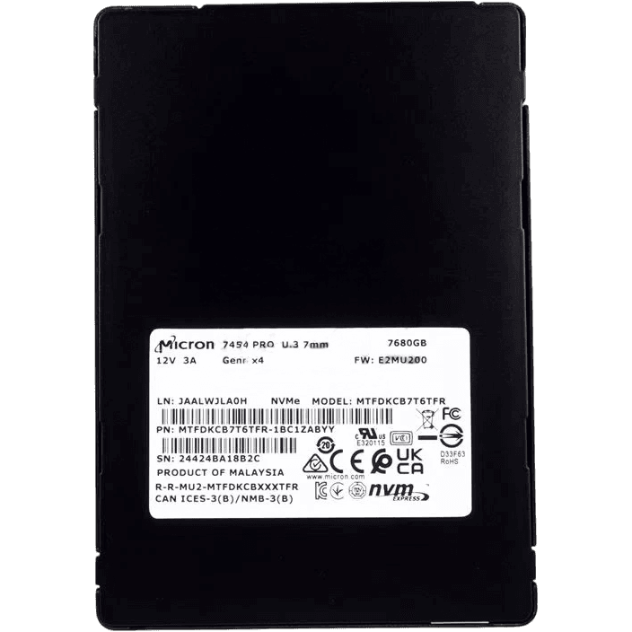 Твердотельный накопитель/ Micron SSD 7450 PRO, 7680GB, U.3(2.5" 7mm), NVMe, PCIe 4.0 x4, 3D TLC, R/W 6800/5600MB/s, IOPs 1 000 000/215 000, TBW 14000, DWPD 1 (12 мес.)