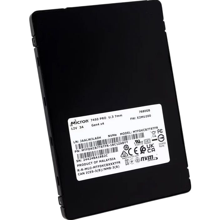 Твердотельный накопитель/ Micron SSD 7450 PRO, 7680GB, U.3(2.5" 7mm), NVMe, PCIe 4.0 x4, 3D TLC, R/W 6800/5600MB/s, IOPs 1 000 000/215 000, TBW 14000, DWPD 1 (12 мес.)