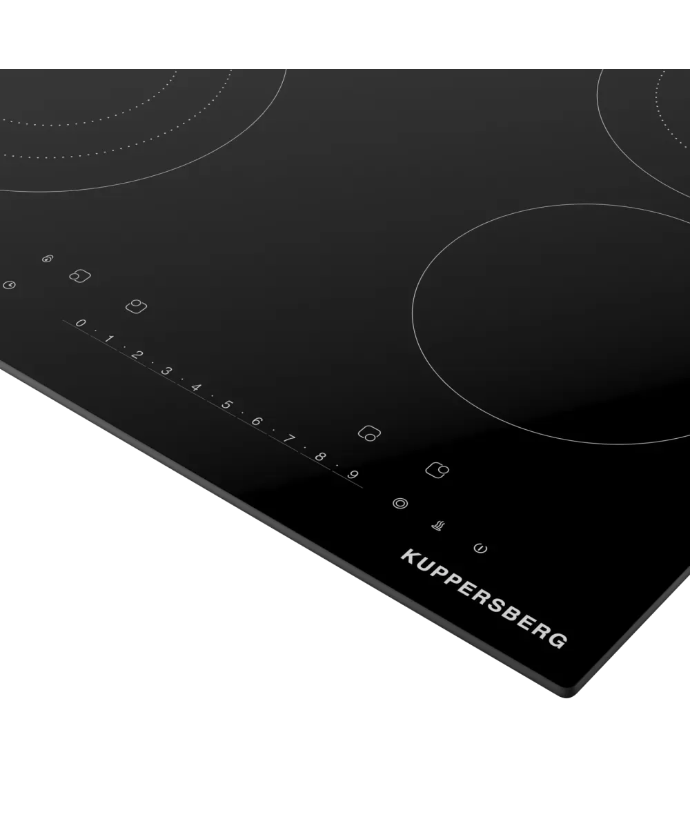 Варочная поверхность Kuppersberg/ Варочная поверхность Kuppersberg, электрическая, High-Tech, 60 см, 4 зоны нагрева, пауза, таймер, блокировка панели управления, автоматическое отключение, 9 уровней мощности, прямые края, индикация остаточного тепла, зона