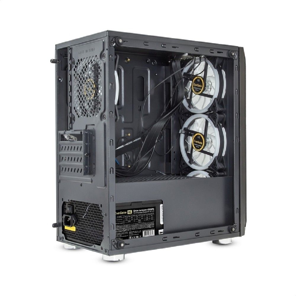 Exegate EX294477RUS Корпус Minitower  Mistery R3-NPX450 (mATX, БП 450NPX с вент. 12 см, 2*USB+1*USB3.0, аудио, черный, 4 вент. 12см с RGB подсветкой, боковая панель - закаленное стекло)