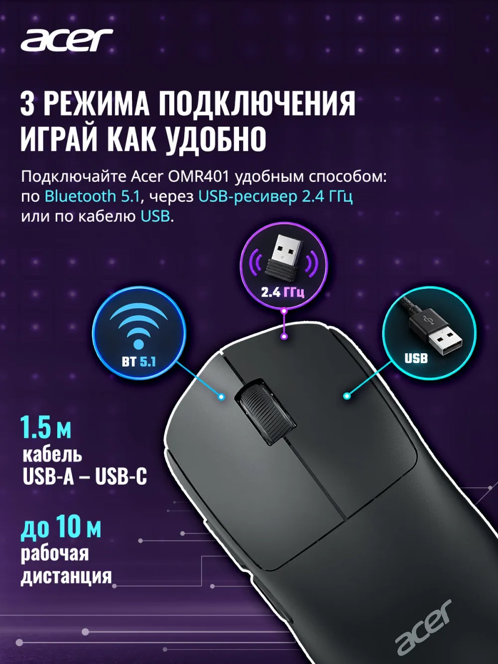 Мышь Acer OMR401 черный оптическая 12000dpi беспров. BT/Radio USB 5but (ZL.MCECC.05C)