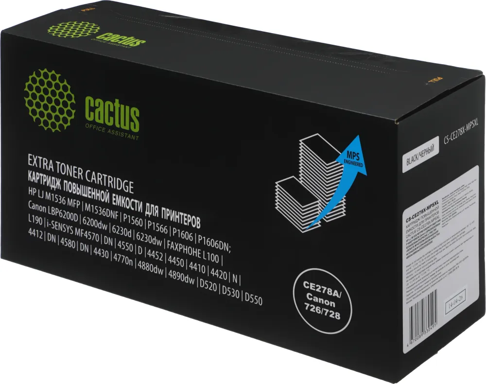 Картридж лазерный Cactus CS-CE278X-MPSXL CE278A/Canon 726/728 черный (8000стр.) для HP J M1536 MFP/M1536DNF/P1560/P1566/P1606/P1606DN; Canon LBP6200D/6200dw/6230d/6230dw/FAXPHOHE L100/L190, i-SENSYS MF4570/DN/4550/D/4452/4450/4410/4420/N/4412/DN/4580/DN/4
